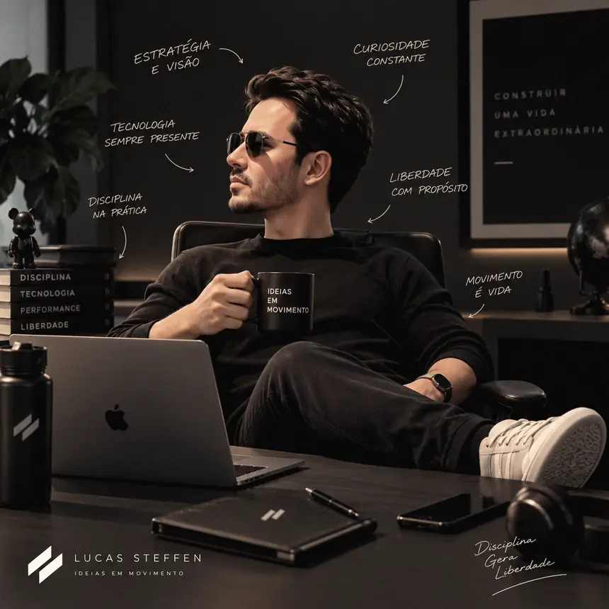 Avatar de Lucas Steffen sentado à mesa de trabalho, com anotações sobre disciplina, tecnologia e liberdade ao redor